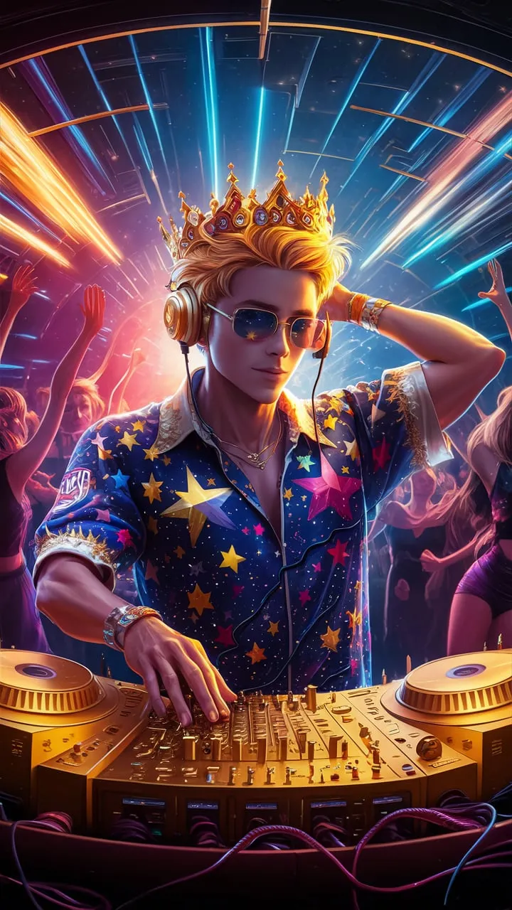 A breathtaking anime-inspired illustration captures the essence of a celestial EDM dance party in full swing. The Golden King DJ, with his radiant golden hair and magnetic charm, wears a lavish crown and a spectacular shirt adorned with colorful stars. He dons headphones and futuristic sunglasses, skillfully manipulating golden speakers to create a mesmerizing audiovisual experience. The atmosphere is charged with pulsating disco lights and dazzling laser beams, enveloping the dancers in a vibrant kaleidoscope of colors as they lose themselves in the rhythm. This unforgettable anime spectacle transcends the boundaries of time and space, transforming a typical dance party into a transcendent experience that unites dancers in a shared moment of joy and connection., anime, illustration, cinematic