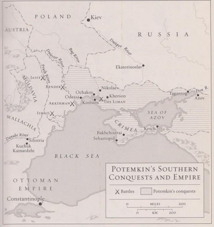 圖一:橫線的區域:Potemkin從奧圖曼帝國掠奪的領土。圖片來源:Catherine the Great: portrait of a woman/by Robert K. Massie