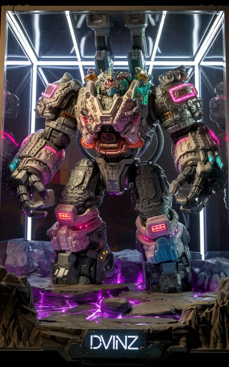 A massive, intricately designed robot heavily armored with a combination of metallic plates and illuminated sections, predominantly in shades of gray, pink, and blue. It has multiple appendages, including large arms and legs, and is equipped with various gadgets and sensors. The toy figure is standing inside of a rocky terrain with purple lava flowing beneath it on an encased glass display container with "DVINZ" logo below with neon lights casting a dramatic light over the scene.