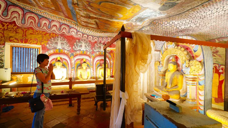 康提畫風背景塗成深紅色， 以露兜樹裝飾來補空白。