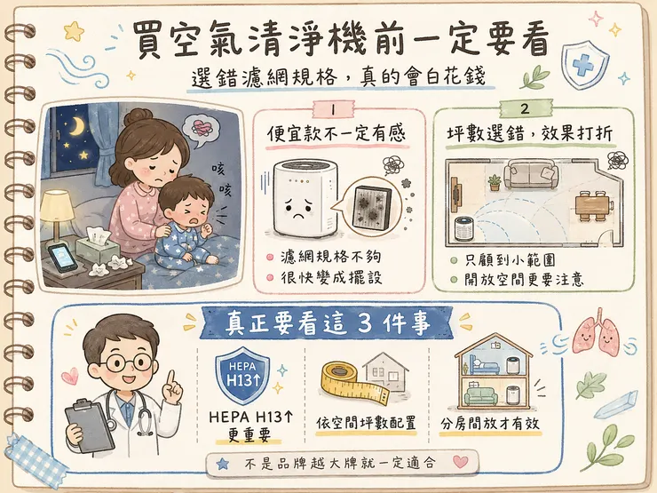 2026 買空氣清淨機前一定要看｜HEPA H13 濾網規格、適用坪數、分房間放置指南，避免選錯白花錢，過敏兒寶寶媽媽必讀