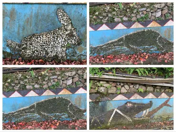 路邊有很多小石堆砌的動物，可以稍稍吸引一下崩潰的小朋友