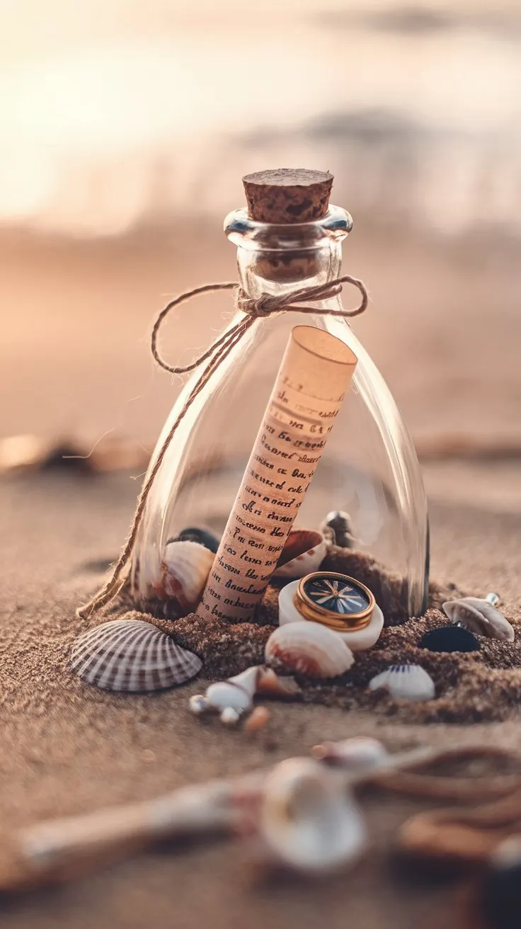 elegant glass bottle on a sandy beach. Rolled parchment message tied with twine inside