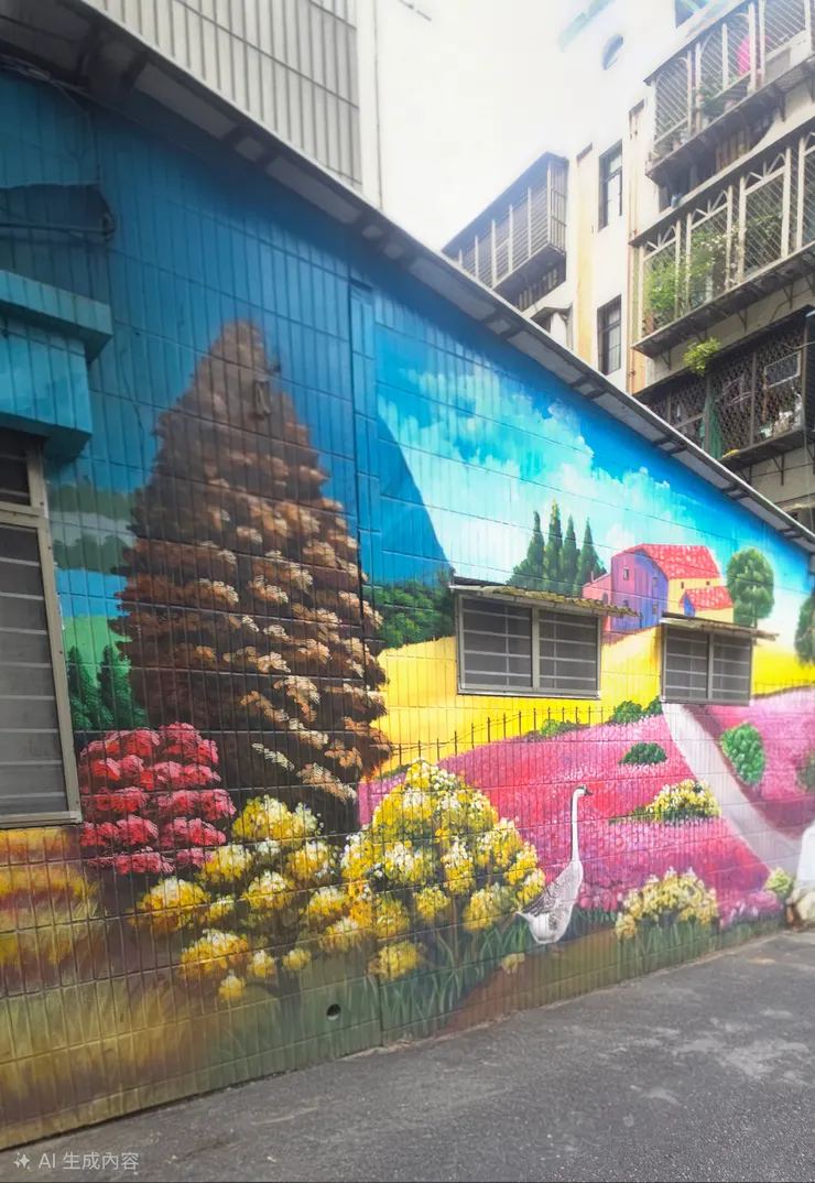 陶淵明的「思源路隱居指南」 看那張有房有田有大樹的彩繪。這是「桃花源」樣板屋現場。「結廬在思源，而無車馬喧。問君何能爾？心遠地自偏。」我們可以把這條巷子包裝成「一秒回南山」的任意門。甚至可以擺個攤位，賣「沒事多喝水，多看牆，少看手機」的套票。當人們意識到這裡的房價（畫裡的）比對面高樓便宜那麼多時，他們自然會停下來，流下兩行羨慕的清淚。