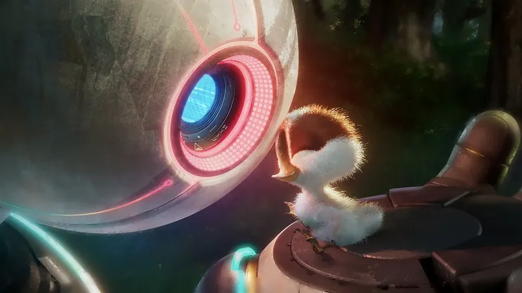 在照顧亮亮的過程中，羅茲也逐漸以自身的行動回答：我是誰？從哪來？該去哪？來源：《荒野機器人》電影劇照。