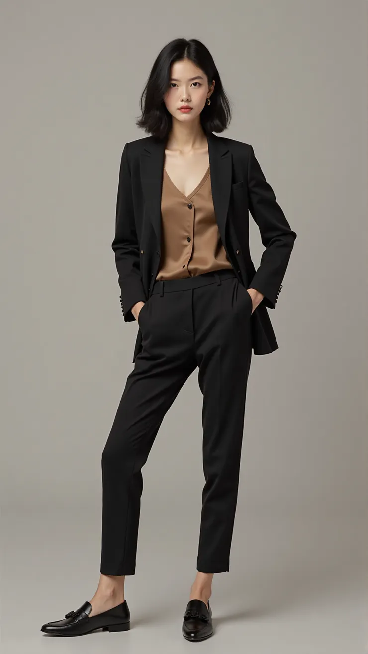 Double-breasted blazer, silk camisole, slim pants, loafers( 雙排扣西裝外套，絲質吊帶背心，修身長褲，樂福鞋 )