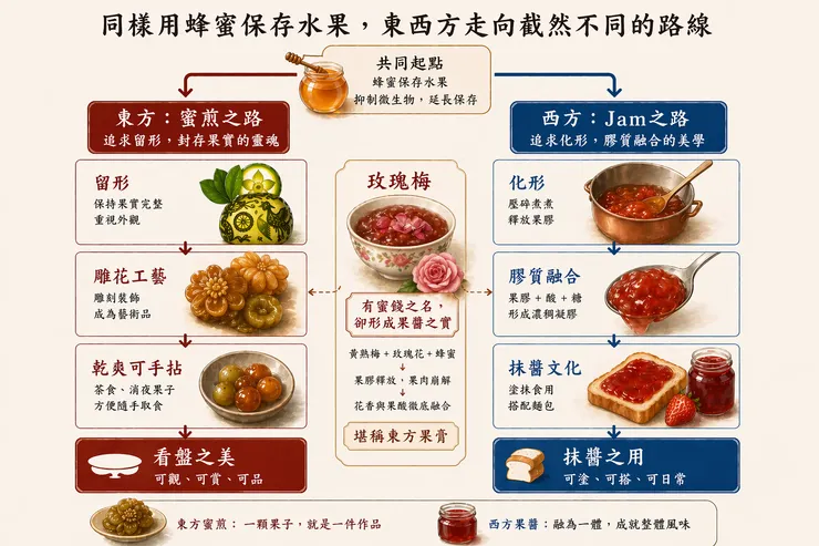 古老的東方與西方，一開始同樣是用蜂蜜保存水果，但後來竟發展出「東方蜜餞、西方果醬」兩條截然不同的工藝與美學。  調鼎集的「玫瑰梅」蜜餞正好處在奇妙的交融狀態。