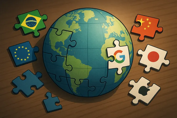 拼圖地球:有些拼片仍未拼上,象徵合作縫隙與重組的希望。