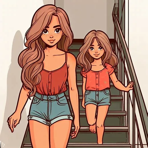 緩緩走下樓的小紅跟妹妹