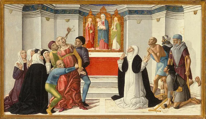 西恩那的凱薩琳(St. Catherine of Siena)為一個被附身的女子進行驅魔，Girolamo di Benvenuto 繪於1505年。