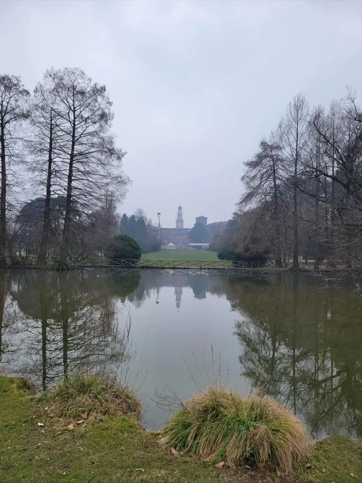 從後面的公園眺望古堡，旁邊的植物有種冬季的死寂，搭配米蘭的濃霧天氣，看起來毫無生機
