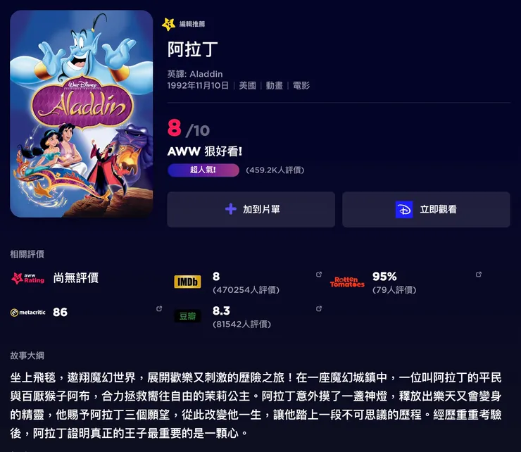 阿拉丁 | 評價 8/10  | awwrated | 你的 Netflix 及 Disney+ 避雷好幫手