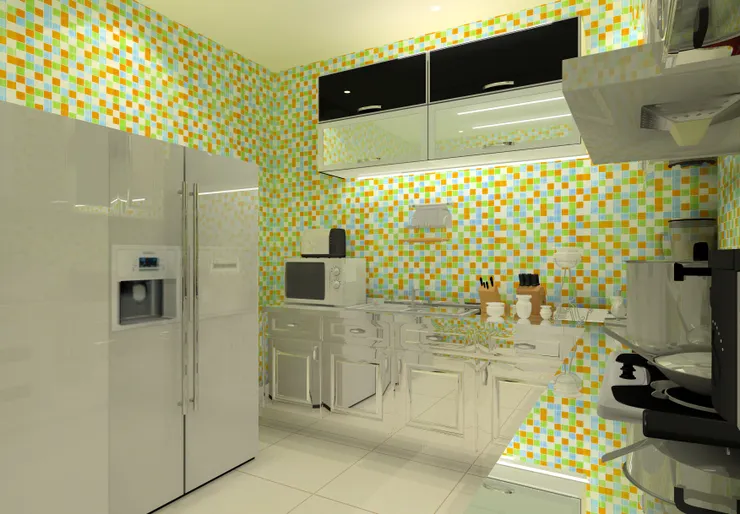 我把面積畫大一點。廚櫃用了金屬色,因為專業廚房都用不鏽鋼的櫃子和枱面。我也覺得金屬的比較乾淨和容易打理。