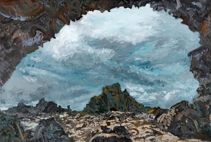 愛國婦人館,《星空下的黑潮島嶼》展區。策展團隊委託藝術家手繪劇照。攝影:吳欣穎