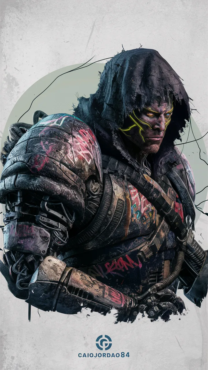 An intricately detailed illustration by CAIOJORDAO84 of a formidable graffiti punk cyborg enforcer. The enforcer has a cybernetic face with glowing neon lines running through his features, conveying a high-tech appearance. He is clad in heavily armored, graffiti-covered exoskeleton, with pronounced, textured wrinkles and creases conveying a powerful and imposing presence. The character is wearing a heavily worn, dark, hooded cloak that partially obscures his head. The cloak appears tattered with visible cracks and wear. The background is a light, muted color, providing contrast to the character's dark attire and vibrant graffiti. The enforcer's shoulder armor is intricately detailed, made of a combination of metallic and cybernetic elements, with visible dents and enhancements indicative of his role as an urban enforcer., illustration