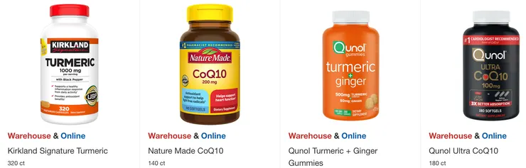 左起折扣後價格：薑黃 $35.49、Q10 $32.99、薑黃 $29.99、Q10 $29.99。