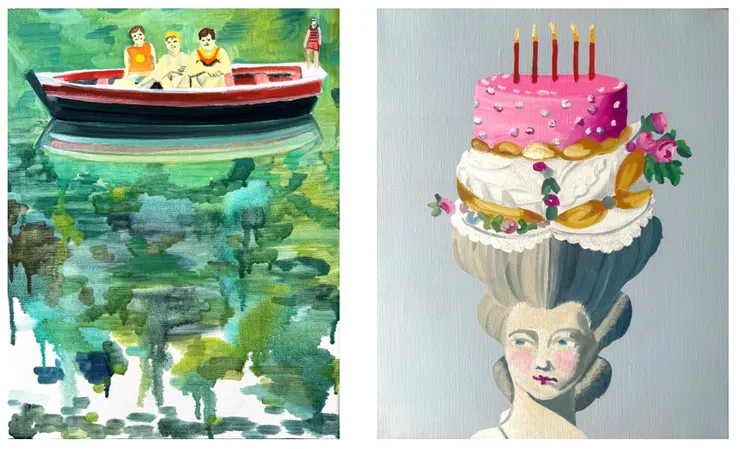 圖左:《三巨頭的青春》6F│2023│油彩;圖右:《我無法吹熄自己的生日蛋糕蠟燭》8F│2023│油彩、壓克力