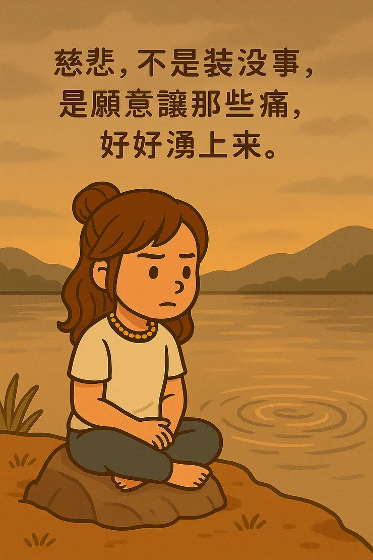 靜靜坐著,不急著平靜, 讓那些委屈、心碎、眼淚,都一個個浮上來。 我不再逼自己堅強,因為我知道— 真正的慈悲,是我願意陪自己哭一場。