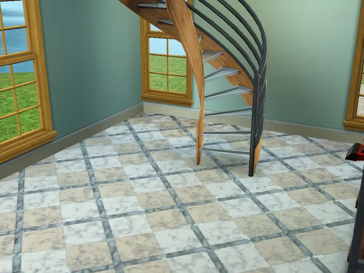 我一看到這條樓梯便很納悶如何把大型物件搬到樓上去。Sims 4的樓梯設計比3好。