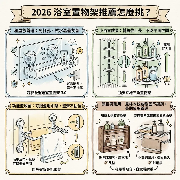 【浴室置物架推薦】2026 租屋族怎麼選？🛁 Dcard、Threads 常看 6 款免打孔收納架差在哪