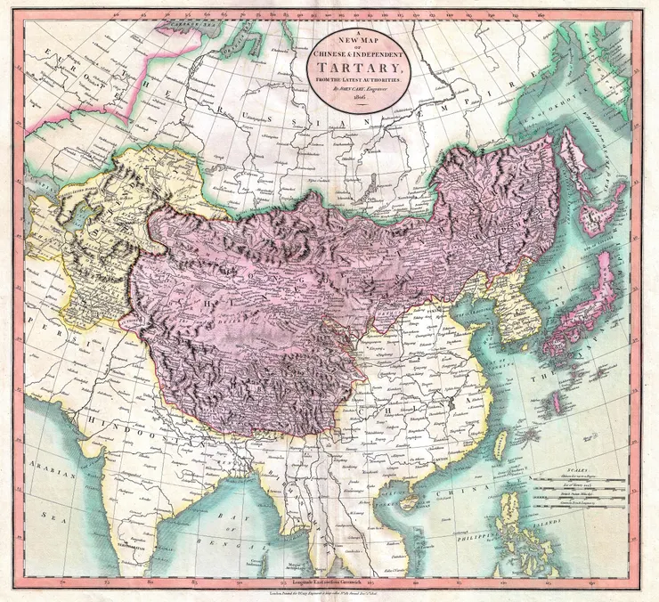 1806年的地图，可见红色部分为Chinese Tartary，邻近的右下为China