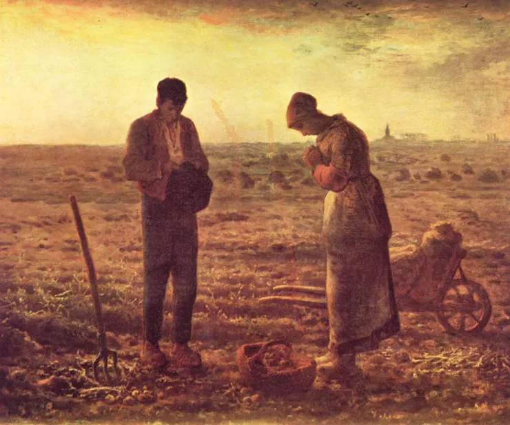 米勒(Jean-François Millet)的「晚禱」,1857年。農民腳邊的作物即為馬鈴薯。