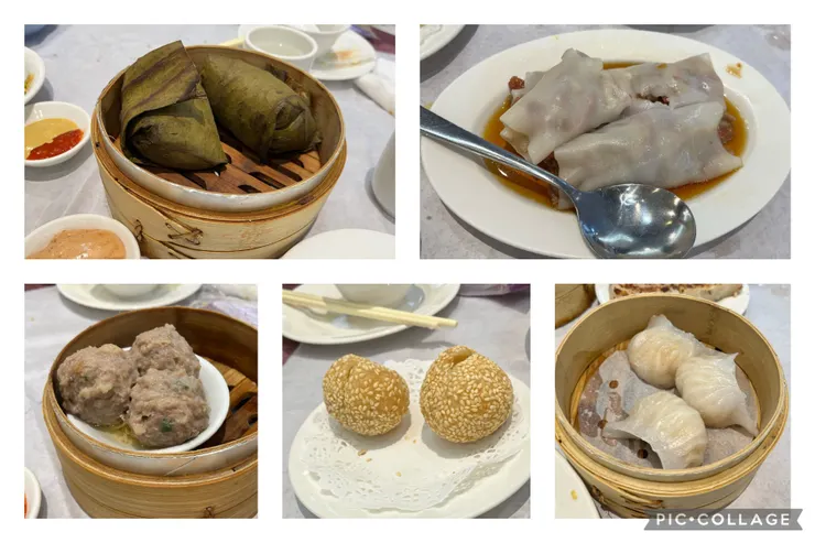 左上糯米雞、右上蝦仁腸粉，下左起牛肉丸、芝麻球、水晶蝦餃。