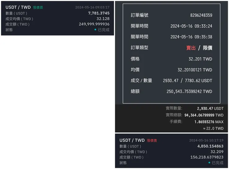 BitoPro 買進紀錄(左) vs MAX 賣出紀錄(右上) vs BitoPro 賣出紀錄(右下)