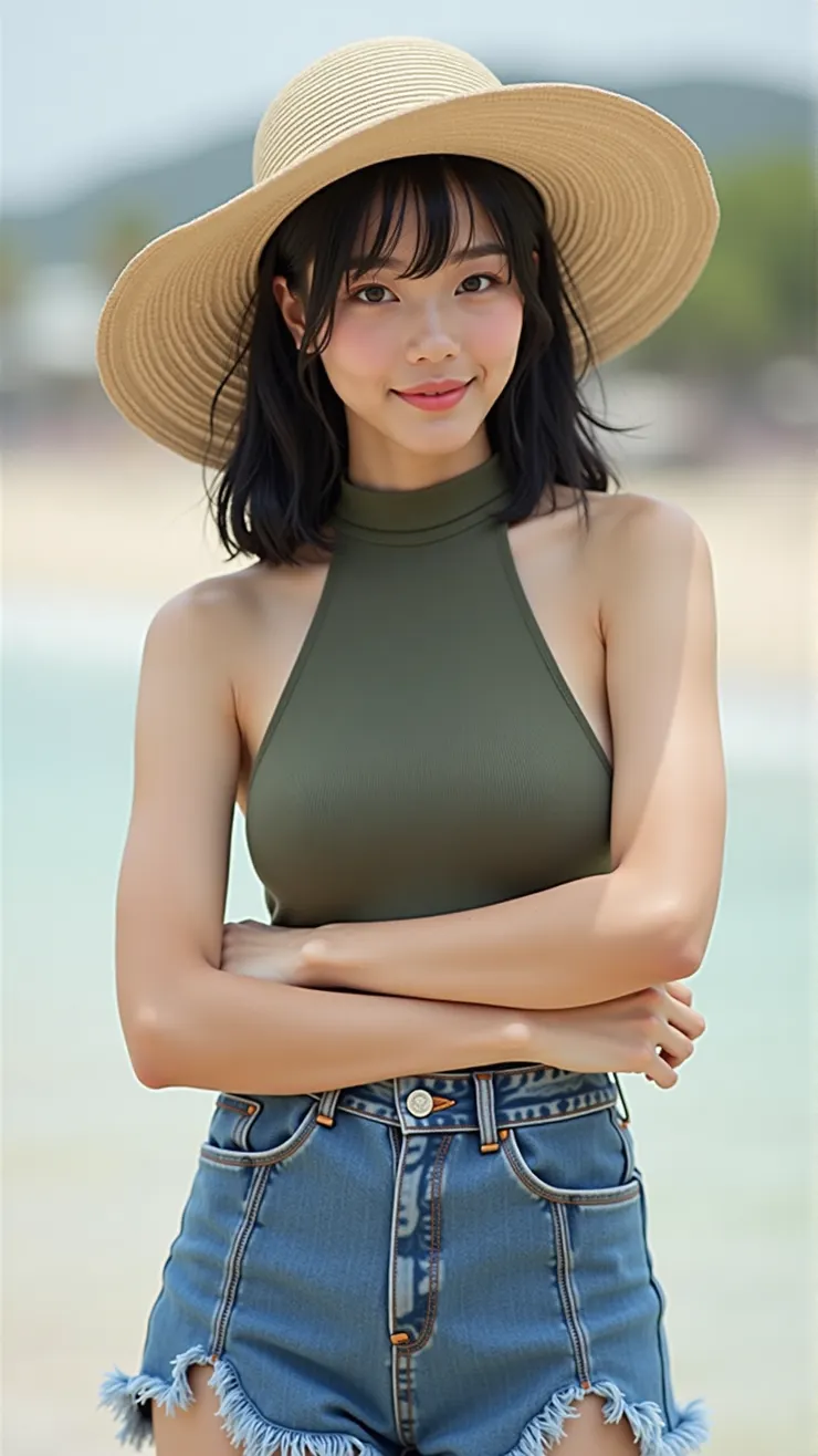 High-neck swimsuit, denim skirt, oversized beach hat( 高領泳衣，牛仔裙，超大沙灘帽 )