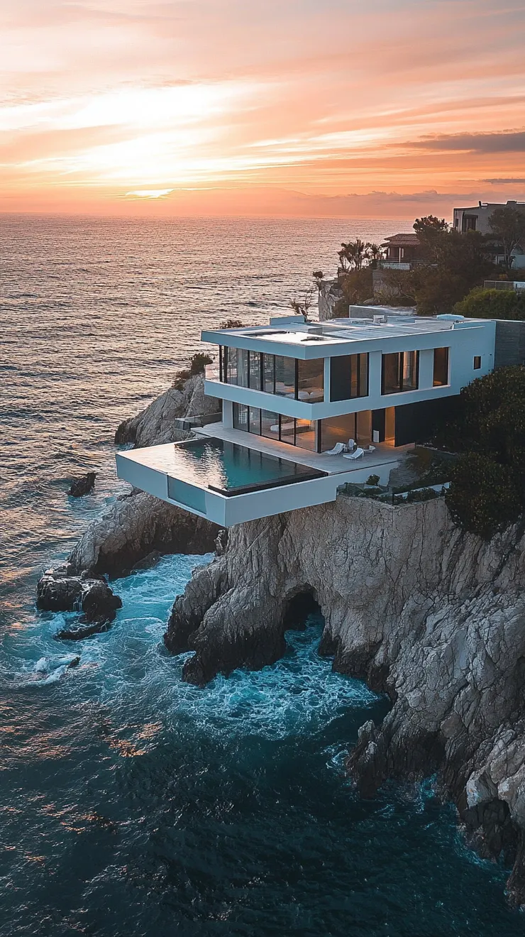 A dramatic modern house cantilevered over a rocky ocean cliff, waves crashing below, infinity pool merging with the ocean, white stucco and glass, dramatic coastline, sunset, photorealistic, drone photography