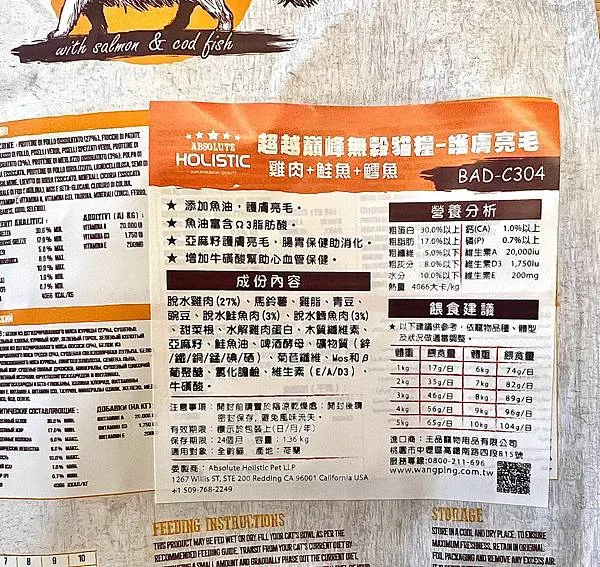 Absolute holistic超越顛峰無穀貓糧(護膚亮毛) 成分