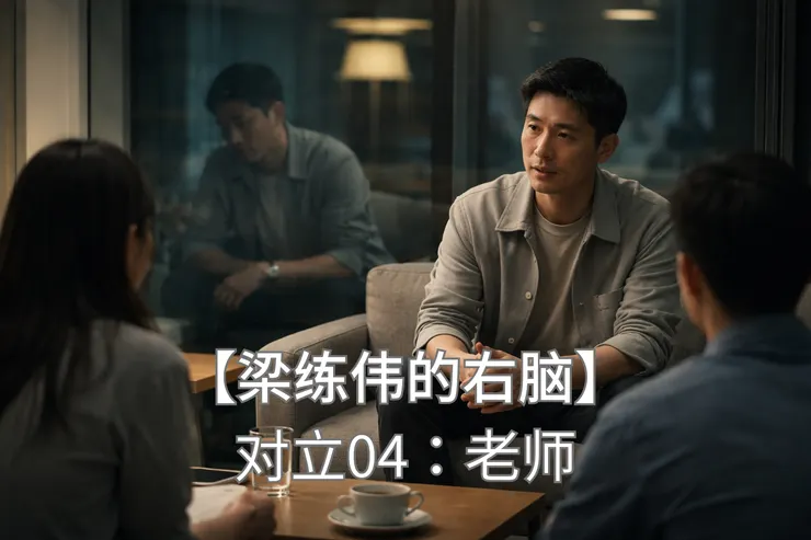 梁练伟在会客空间被几人围着交流，玻璃中倒影显得疲惫