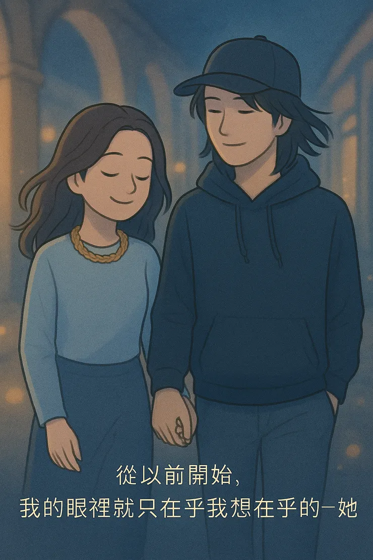 兩人走在百貨騎樓下,風裡閃著金色光點。 他戴著帽子,神情柔和,話語像一場溫柔的告白。 那份被看見與被選擇的瞬間— 是夢裡最明亮的一刻。