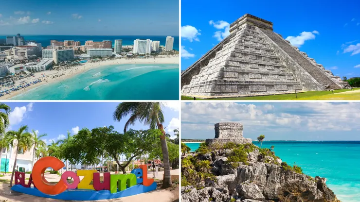 照片由左到右，上到下，分別是坎昆、奇琴伊査、科蘇梅爾島和圖倫