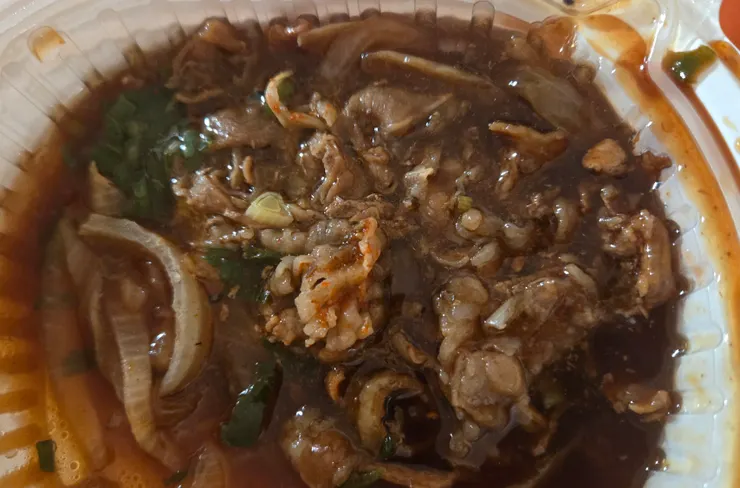 塑膠盆上的牛肉和蔥等等