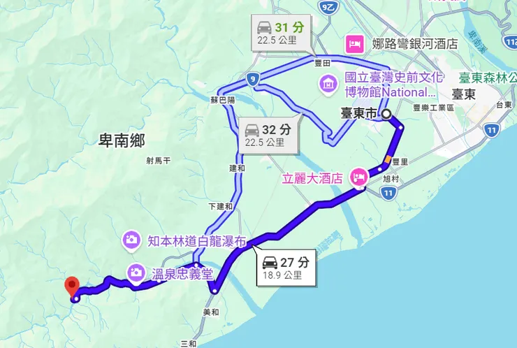 台東市區到知本森林遊樂區/google map