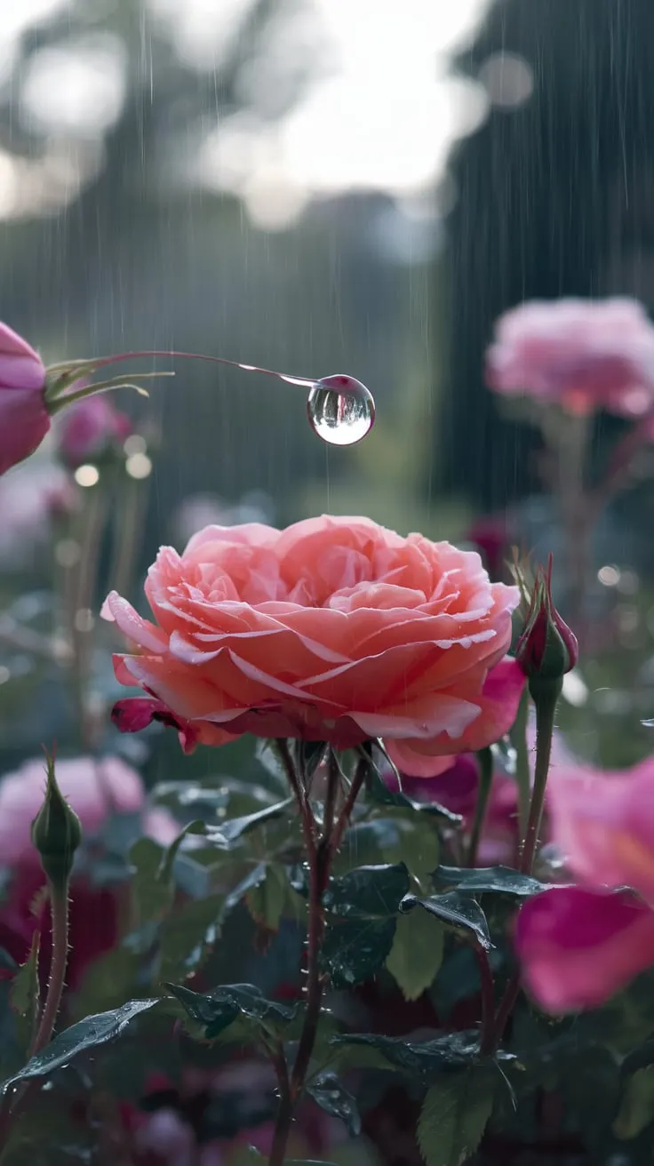 A Raindrop Balancing on a Petal: A single, large raindrop delicately balances on the edge of a vibrant rose flower petal, just before it falls. The flower itself is in full bloom, surrounded by others in a garden bathed in soft, morning light. The moment feels frozen in time, capturing nature’s delicate beauty in a single, fleeting instant before the drop falls to the earth below., photo, cinematic, poster, vibrant