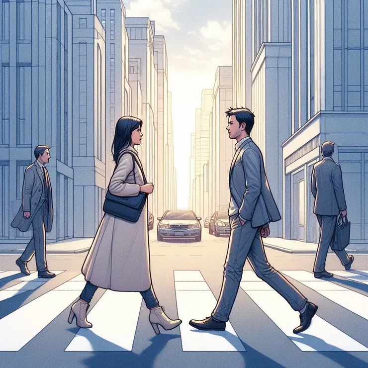 示意圖：兩人走過同一街道，沒有打招呼。(圖片來源：Copilot AI 生成圖)