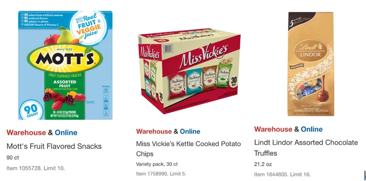 Mott's綜合水果軟糖$10.99,Miss Vickie’s洋芋片$17.49,Lindt Lindor綜合口味巧克力$15.39。