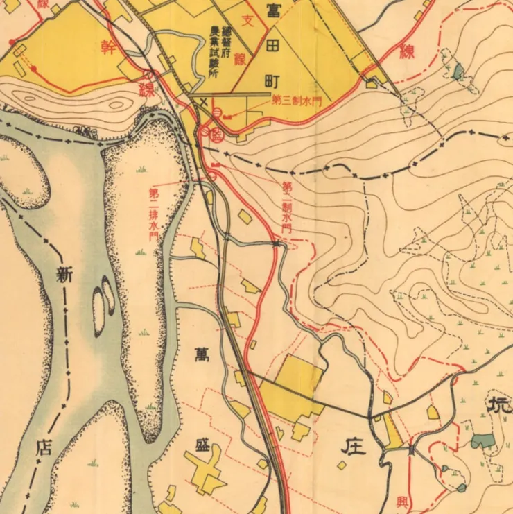瑠公水利組合區域圖標示師大分部前方，蟾蜍山腳下的「第二制水門、第二排水門」