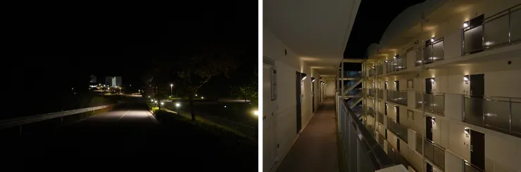 左圖中亮亮的那棟建築就是我們住的招待所(然後有好長的斜坡)，右圖是房間外面的照片。