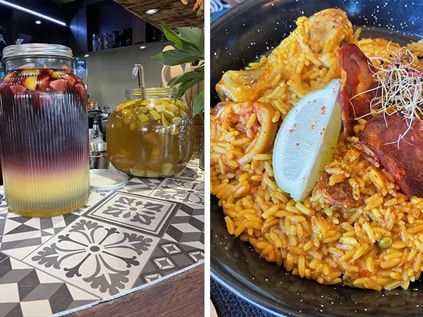 紅酒和白酒底的桑格莉雅水果酒以及海鮮燉飯