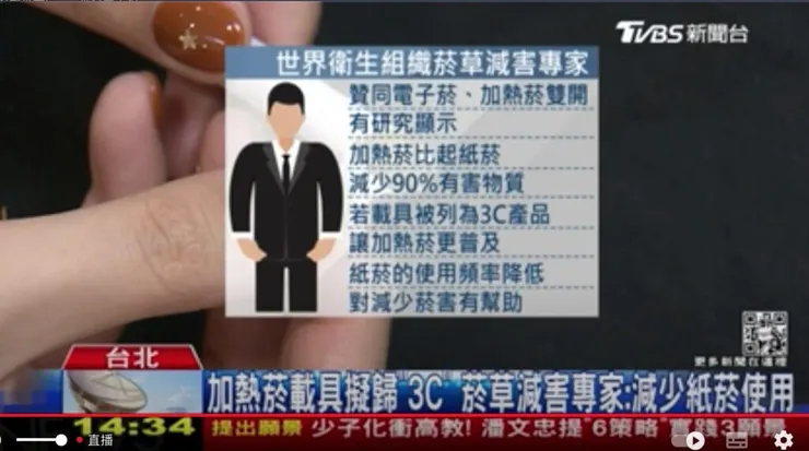 世界衛生組織 菸草減害專家王郁揚：贊同電子菸、加熱菸雙開，有研究顯示，加熱菸 比起紙菸，減少90%有害物質，若載具被列為3C產品，讓加熱菸更普及，紙菸的使用頻率 降低，對減少菸害有幫助。圖：擷取自TVBS新聞。