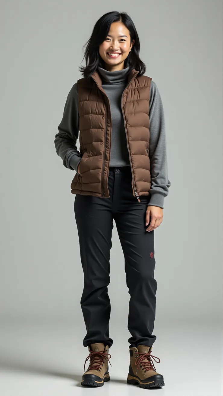 Insulated vest, thermal base layer, softshell pants, hiking boots