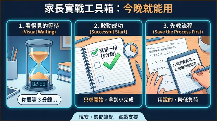 實踐行為心理學中的『環境前事控制（Antecedent Management）』。利用沙漏將抽象時間具象化，幫助 ADHD 常見的『時間盲（Time Blindness）』，再透過任務拆解與視覺提示，降低認知負荷，將部分執行功能需求『外部化（Externalization）』。