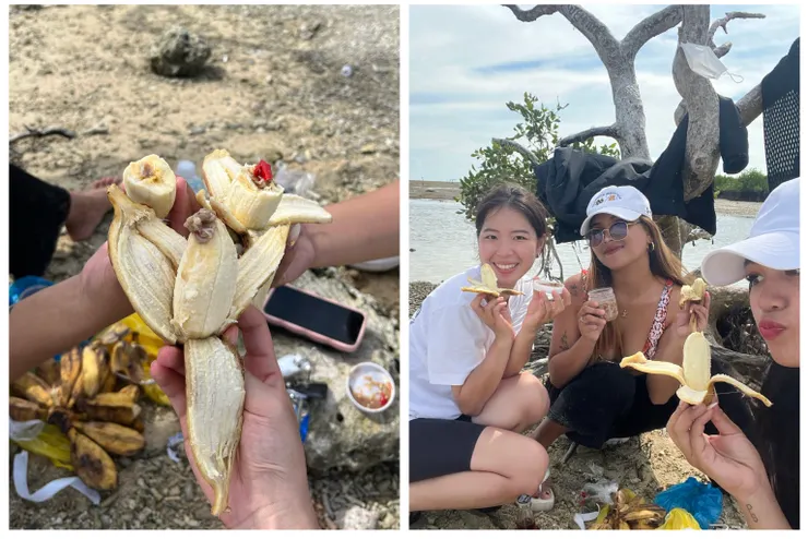沾了小魚乾辣醬的芭蕉吃法