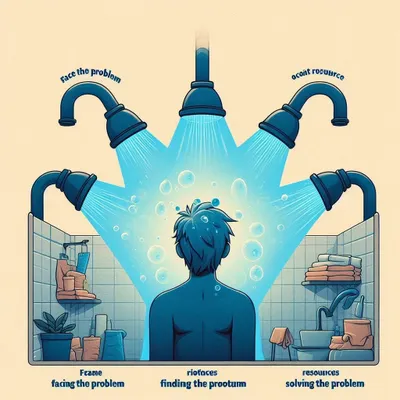 面對問題、找出問題、尋找解法、取得資源、解決問題