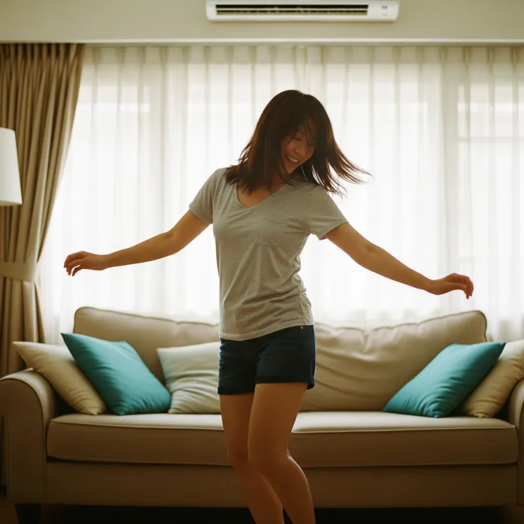 客廳中，無負擔的輕盈跳舞，笑容奔放，頭髮隨著動作飛揚。快樂跳舞不需理由。