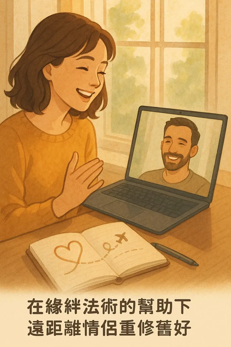 在緣絆法術的幫助下，遠距離情侶重修舊好，正透過視訊通話微笑著共同規劃從澳洲回台灣的未來。