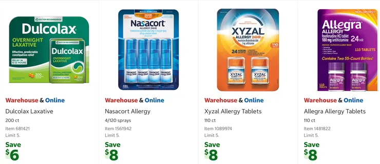 軟便劑 $21.99、24小時抗過敏鼻噴劑 $31.99、24小時抗過敏錠 $31.99、抗過敏錠 $30.99。